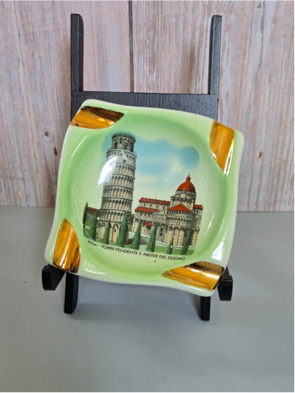 Vintage Pisa Italy Leaning Tower Ceramic Ashtrays Gold Green Souvenir Pair